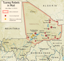 阿扎瓦德民族解放運動在馬里北方的軍事戰鬥(所控制的城市用圈標示)。