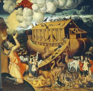 16世紀的一幅壁畫，上帝命令諾亞從每種動物中挑出一公一母裝上方舟，躲避大洪水