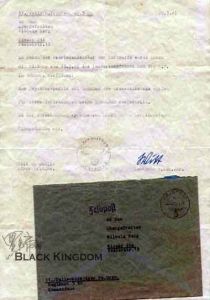 極為罕見的獲獎通知審批信函，1945年3月23日列印，親筆簽發。授予在3月19日，戈林師傘兵裝甲擲彈團第11營英勇作戰獲得黑級空軍坦克攻擊章的一名傘兵。原始信封郵戳上顯現日期為3月24日。