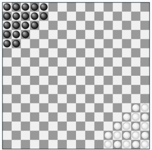 正方跳棋於二人比賽里棋子擺放的位置。