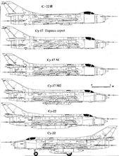 蘇-17/22的側面圖對比，可以看到蘇-22的後機身明顯加粗