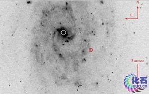 科學家認為遠離星系中央的紅圈區域就是這顆黑洞所在位置。