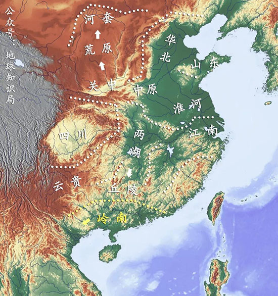 秦滅六國後，南下嶺南，北上河套 其實跨越了兩大地理障礙(南方丘陵與鄂爾多斯高原) 大大擴展了中原政權的規模 (底圖來自中國歷史地圖集)