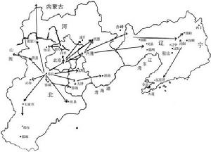 燕明刀所反映的交通路線 ·為出土地點 