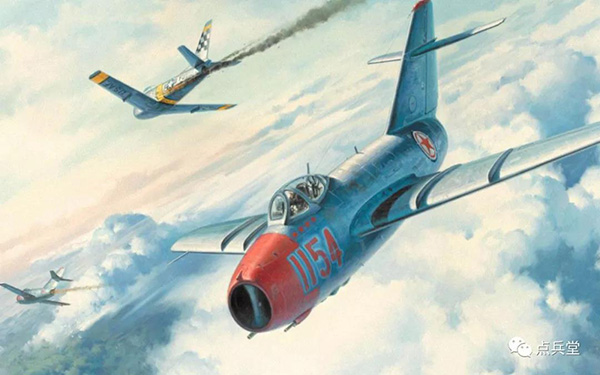 ▲韓戰中，F-86被MIG-15擊落的藝術畫