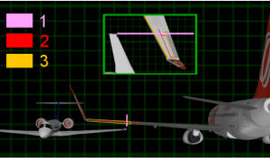 撞機詳細圖，可見公務機的機翼末端反翼削走737客機左邊機翼，相反公務機損傷了左翼及尾翼相對地少