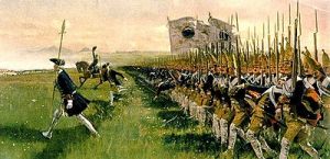 在1745年的霍亨弗里德堡戰役中，普魯士線列步兵正在進攻。
