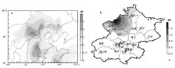 圖2 2007年2月7日08：00至8日08：00華北(a)及北京地區(b)降水量