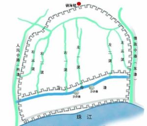 廣州古水系圖，可看到玉帶濠的位置