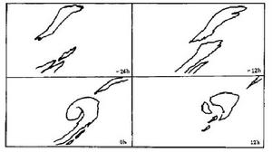 圖4 冷鋒雲系與倒槽雲繫結合型氣旋形成發展雲型演變圖