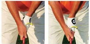 圖左：打出相剋球的原因：弱勢握桿 圖右：防止相剋球的辦法：強勢握桿