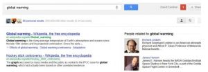 用谷歌搜尋“全球變暖”，右欄出現的是一個支持者和一個反對者