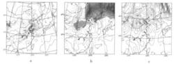 圖8 a.溫度平流；b.散度和急流（陰影）；c.渦度平流