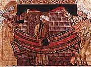 繪於1315年的穆罕默德與麥加部族長老合力將黑石安置定位。