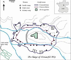 假設阿萊西亞位於阿利茲-聖-萊納的話愷撒包圍阿萊西亞時建造的圍牆查圖顯示在今天法國的位置。圖中的圓圈顯示西北方圍牆的弱點