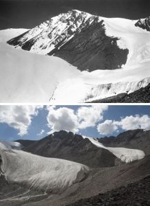 上圖：1983年拍攝的天山一號冰川一角。下圖：2012年拍攝的天山一號冰川分離為東支與西支兩條獨立的冰川
