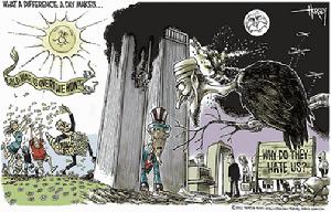 獲獎者的漫畫：世界的一天有什麼區別:華爾街的哥們四處撒錢；伊拉克卻面臨著最黑暗的日子.....