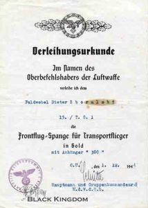 300次數字垂飾獲授證明檔案，1944年12月01日授給Dieter Zboralski，A5尺寸(150mm×210mm)