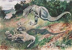 （圖）1897年的暴風龍（現名傷龍）繪畫，由查爾斯·耐特繪製。巴克指出這副繪畫，可證明19世紀時，恐龍就被普遍認為是種活躍、敏捷的動物。