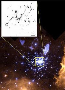 銀河系NGC 3603 中人類所知的最大恆星A1位於另外兩個巨大的佛耳夫-拉葉星旁，編號分別為B和C。