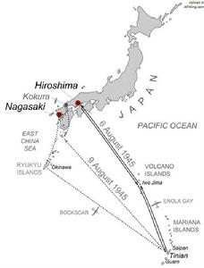 B-29從馬里亞納基地起飛扔下了兩顆核子彈飛行線路