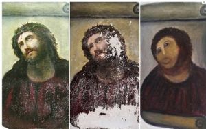 左：畫家埃利亞斯·加西亞·馬丁內斯創作的19世紀的教堂壁畫原圖；中：壁畫被損壞的樣子；右：被八旬老太“修復”後的樣子