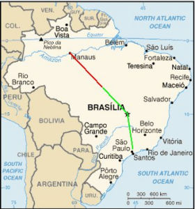 巴西的地圖，圖中紅線為當日戈爾航空的航線，綠色為卓越航空公務機航線，兩者交匯點正是撞機地點