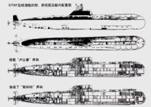 670M型巡航飛彈核潛艇側、俯視及內部配置圖