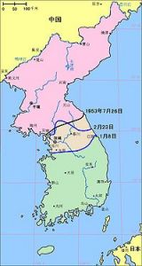 聯合國軍在1950年1月9日至1951年底的進攻和雙方僵持階段形勢，黑線為最終雙方軍事分界線