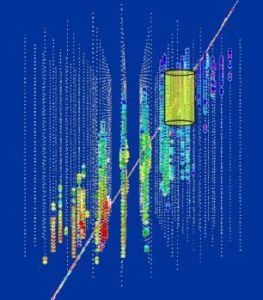 冰立方將會把南極μ介子及中微子探測器列陣（黃色圓柱體）團團圍住，後者是一個更小的中微子探測器。彩色斑點顯示的是通過冰立方陣列的中微子的路徑，這是由電子光學組件發現的。