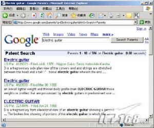 在搜尋結果中，出現了很多Electric guitar為關鍵字的專利連結，顯示結果全為英文表示，通過點擊需要的頁面來查看相關的“電吉他”的專利權信息。
