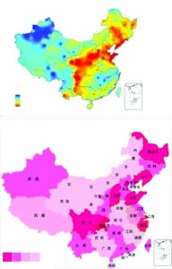 上圖為旱澇地圖，下圖為中國美女分布圖