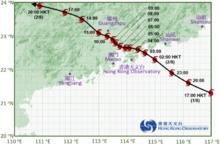 颱風妮妲接近香港時的路徑圖