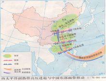 我國東部季風區雨帶移動示意圖