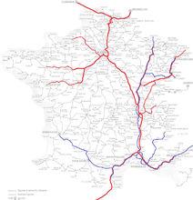 馬賽聖夏勒站通達度（紅為TGV，藍為慢車）