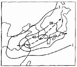 圖2 黃海、東海北部氣旋移協路徑頻數圖