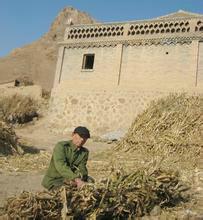 圖中建築為村戲台，遠景為自然山