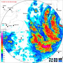 天氣雷達反射率（颱風海燕登入環萊特島獨魯萬市）