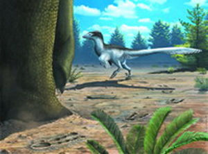 甘肅永靖恐龍足跡化石群復原圖，恐爪龍類行走在蜥腳類恐龍旁邊。艾米麗·威洛比繪