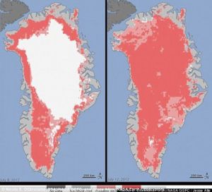 2012年7月8日和7月12日格陵蘭島冰川融化示意圖。深紅色區域是根據三顆衛星數據繪製的開始融化的冰原區域。淺紅色是一顆衛星數據繪製的融化區域。