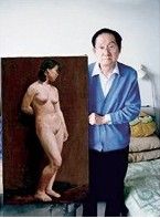 徐悲鴻長子徐伯陽與《人體蔣碧薇女士》的合影