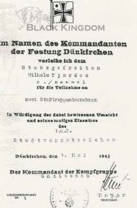 www.axishistory.com介紹的授予證書，被授予人是Wilhelu   Tjardes，授予時間是1945年5月1日，蓋著敦克爾克司令部印章。