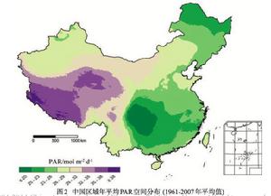 中國區域年平均 PAR 空間分布 (1961-2007 年平均值)