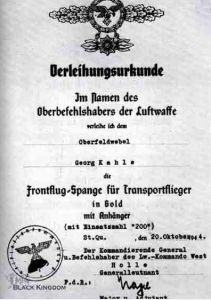 200次數字垂飾獲授證明檔案，1944年10月20日授給Georg Kahle，A5尺寸(150mm×210mm)。
