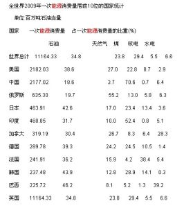 全世界2009年一次能源消費量居前10位的國家統計