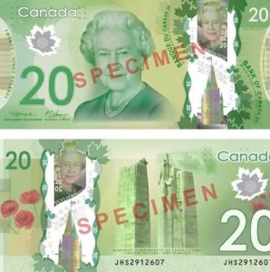 加拿大新發行的20加元塑質鈔票，背後則為紀念維米嶺戰役。