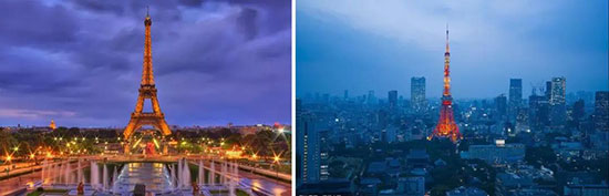 東京塔(右圖)的造型模仿了巴黎的艾菲爾鐵塔(左圖)，但高於艾菲爾鐵塔的324米。