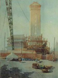 李劍晨水彩畫　晨（建設中的人民英雄紀念碑）34×45　作於1959年，發表於蘇聯《星火》雜誌封面，藏於中國美術館