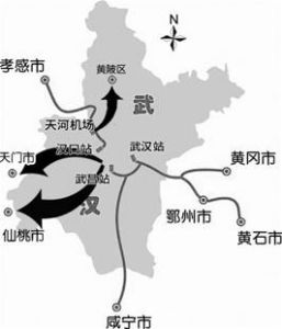 武漢在建及將建城際鐵路示意圖，黑線表示在建城際鐵路箭頭表示將建城際鐵路