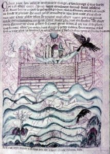 14世紀的一份英國手稿，展示了大洪水即將結束時的諾亞方舟